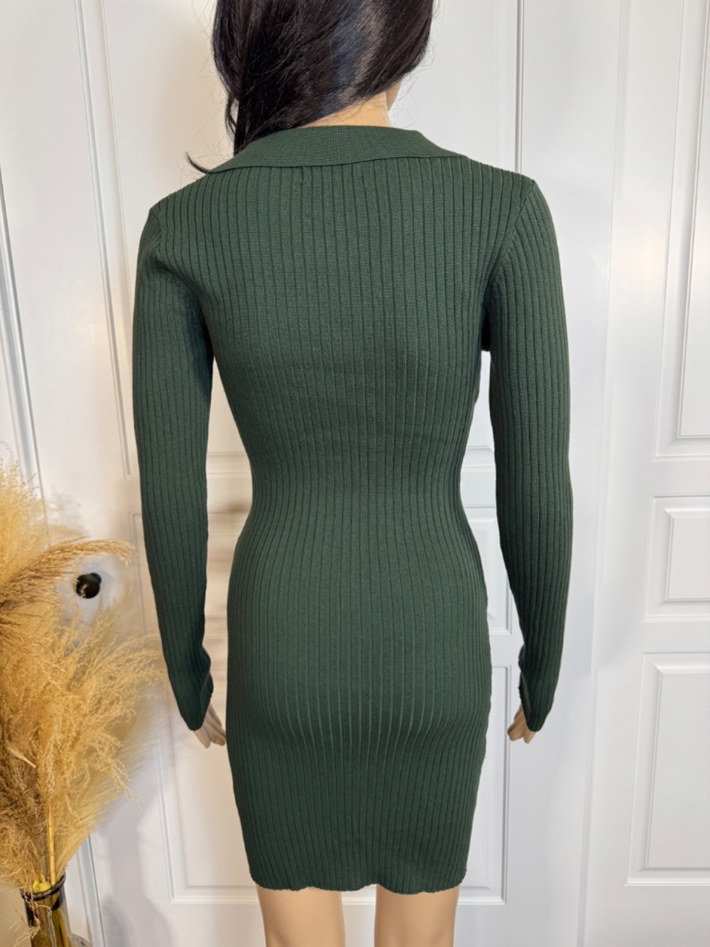 DARK GREEN LONG SLEEVE COLLARD RIBBED MINI DRESS SIZE SMALL - NWOT - Picture 5 of 16